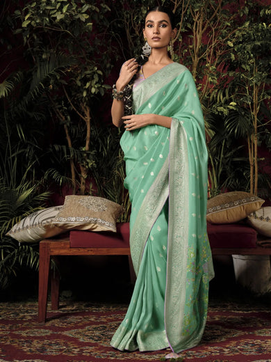 Pretty Teal Green Zari Weaving Silk Festival Wear Saree With Blouse